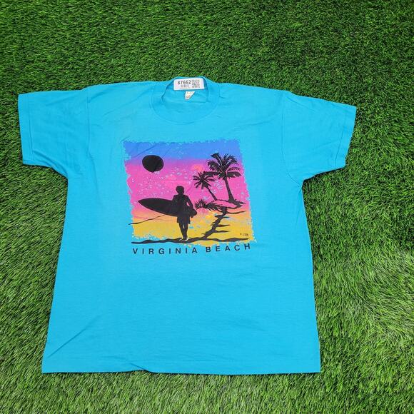 Vintage 80s Virginia-Beach Surfer Shirt Large 21x25 Blue - Picture 1 of 12